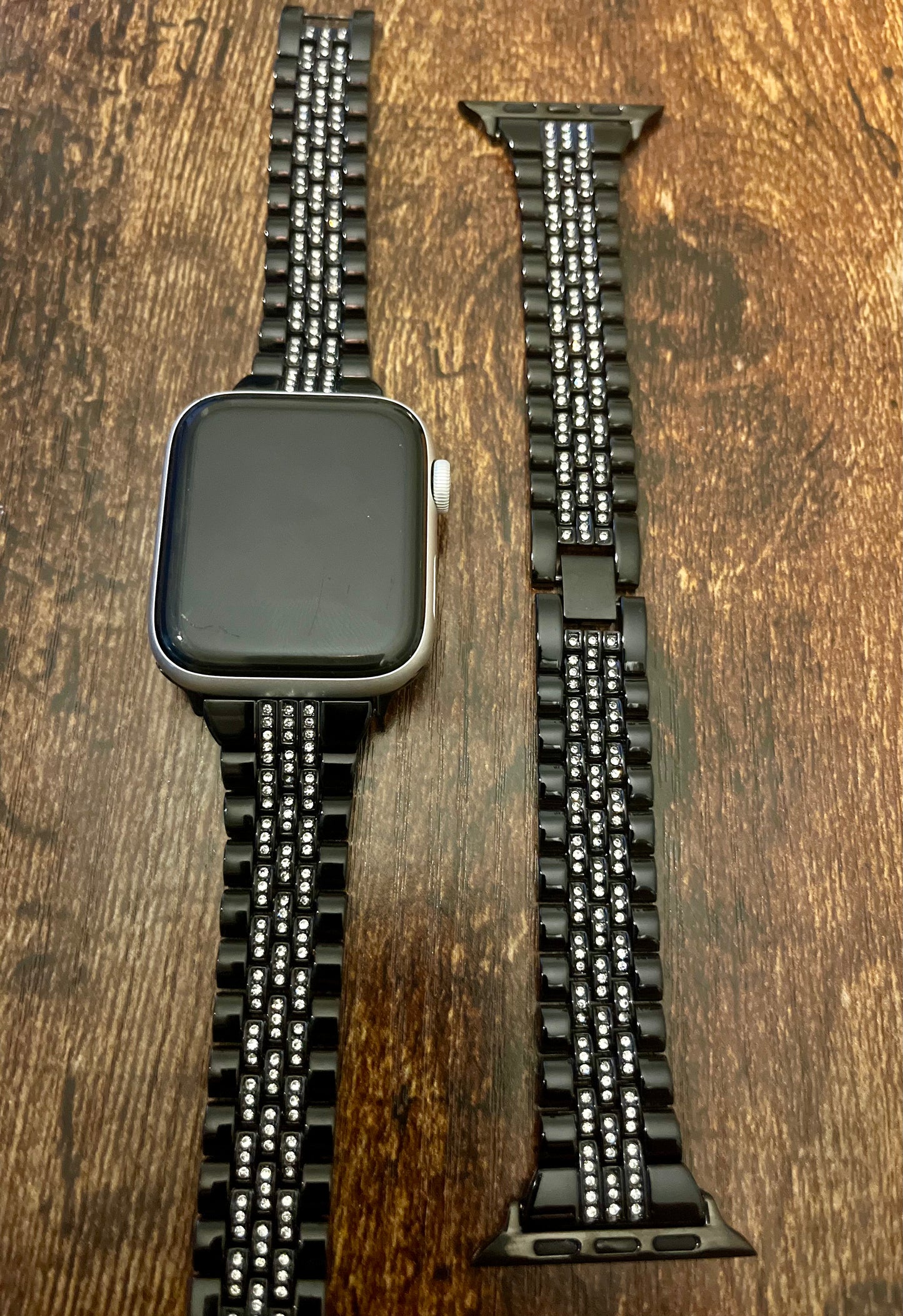 Elegant Black Stainless Steel Apple Watch Band with Crystal Accents